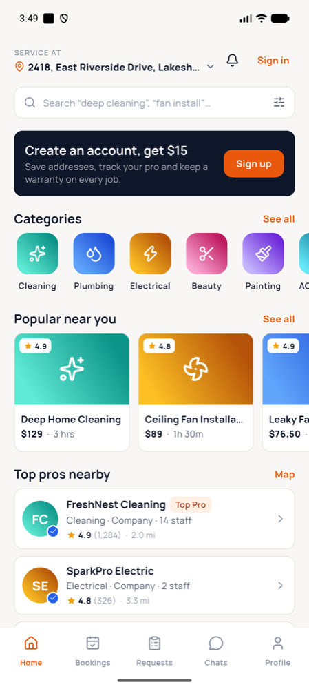 Customer app home